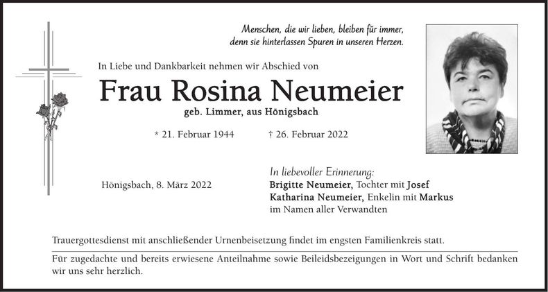Traueranzeige Rosina Neumeier