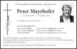 Traueranzeige Peter Mayrhofer