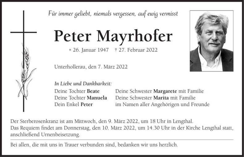 Traueranzeige Peter Mayrhofer