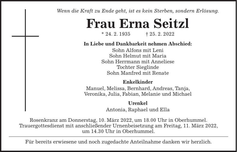 Traueranzeige Erna Seitzl