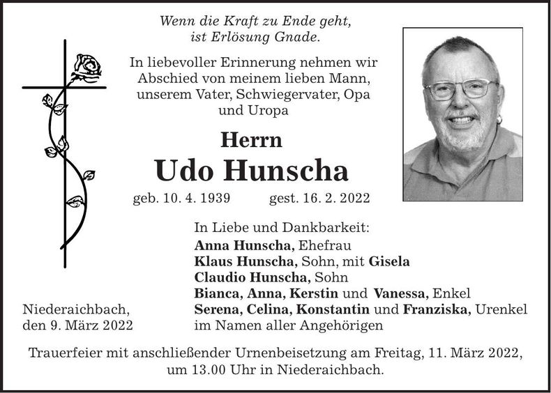 Traueranzeige Udo Hunscha