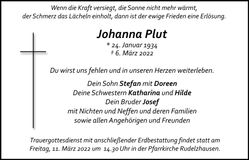 Traueranzeige Johanna Plut