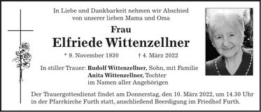 Traueranzeige Elfriede Wittenzellner