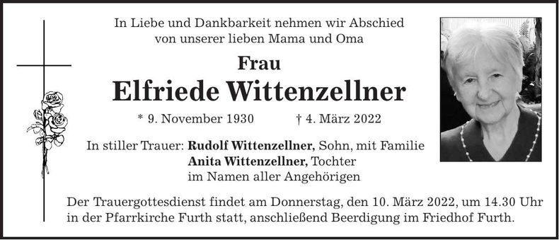 Traueranzeige Elfriede Wittenzellner