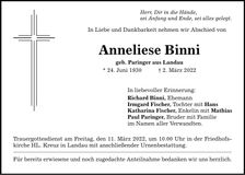 Traueranzeige Anneliese Binni