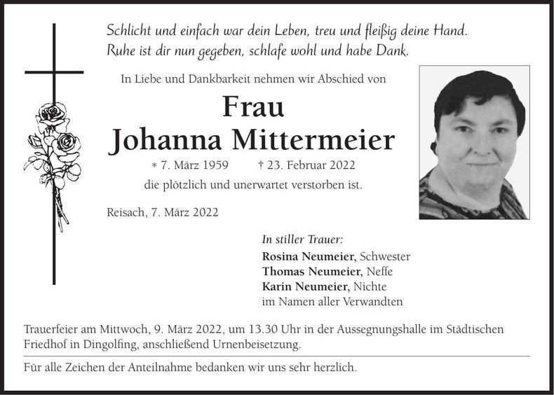 Traueranzeige Johanna Mittermeier