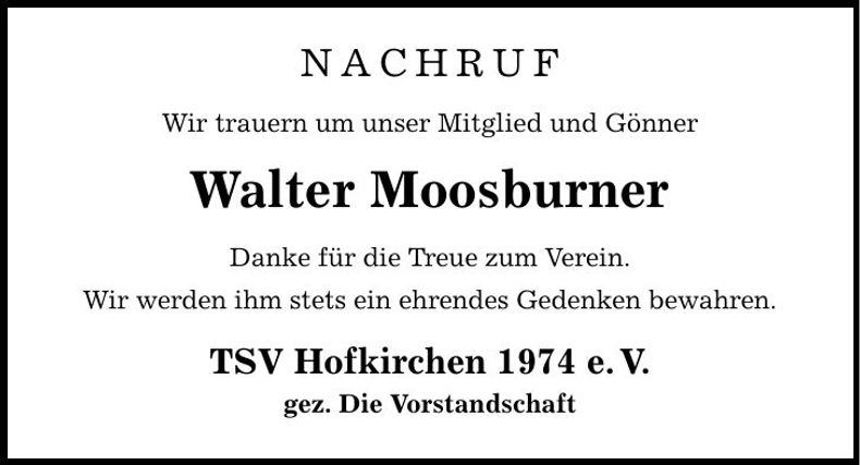 Traueranzeige Walter Moosburner