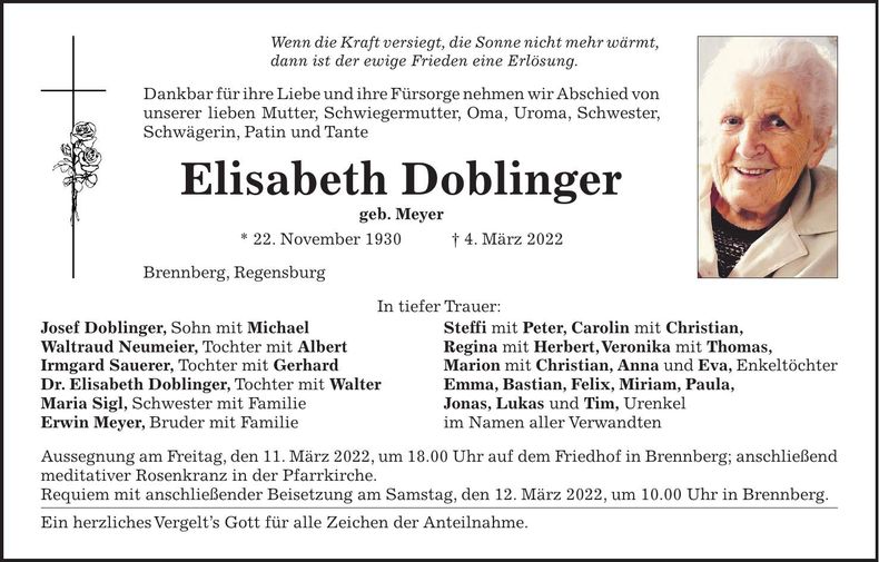 Traueranzeige Elisabeth Doblinger