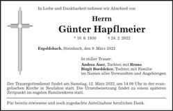 Traueranzeige Günter Hapflmeier