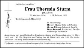 Traueranzeige Theresia Sturm