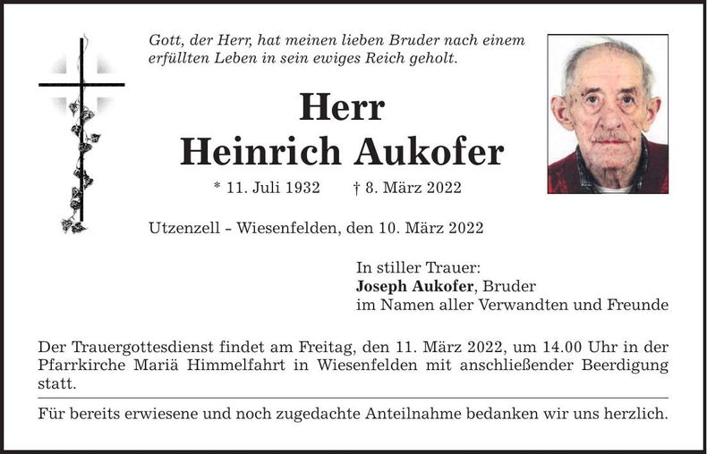 Traueranzeige Heinrich Aukofer