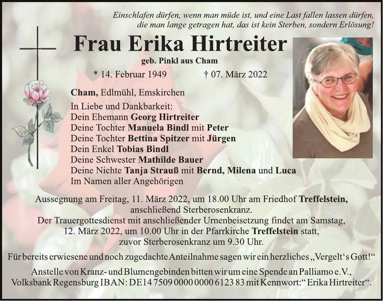 Traueranzeige Erika Hirtreiter