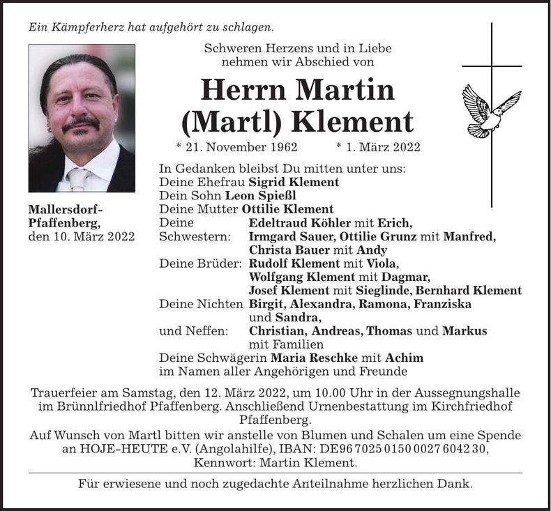 Traueranzeige Martin Klement