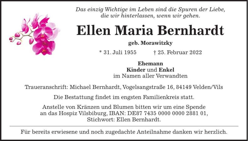 Traueranzeige Ellen Maria Bernhardt