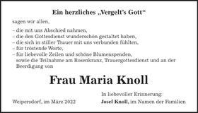 Traueranzeige Maria Knoll