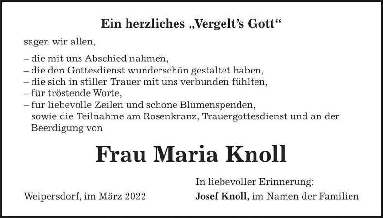 Traueranzeige Maria Knoll