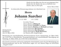 Traueranzeige Johann Sarcher