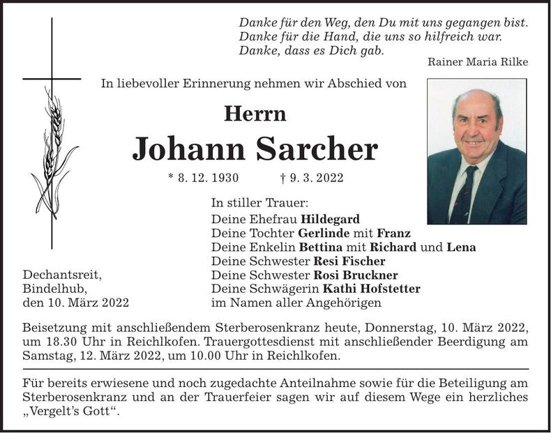Traueranzeige Johann Sarcher