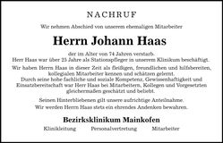 Traueranzeige Johann Haas