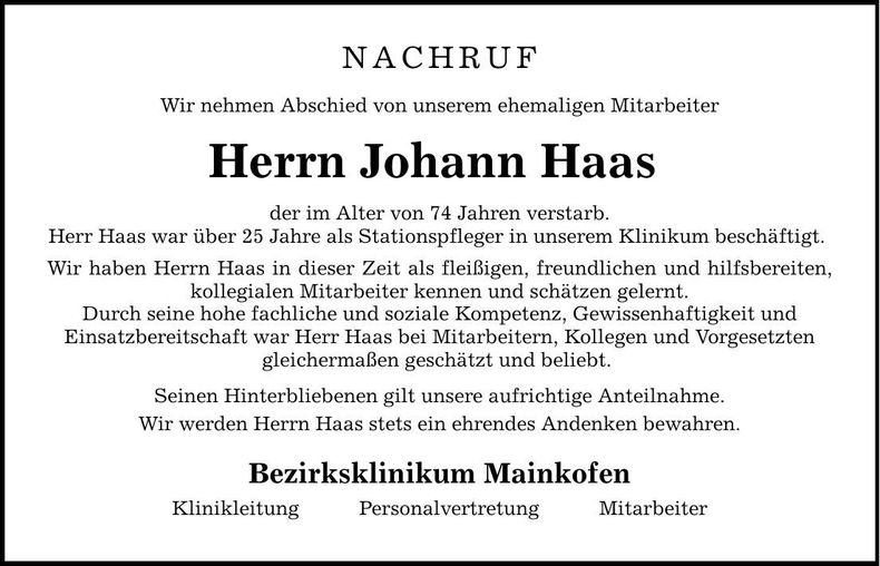 Traueranzeige Johann Haas