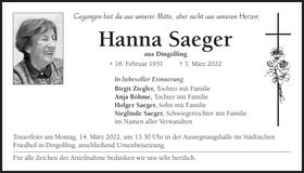 Traueranzeige Hanna Saeger
