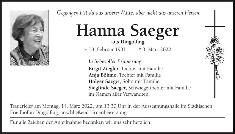 Traueranzeige Hanna Saeger