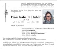 Traueranzeige Isabella Huber