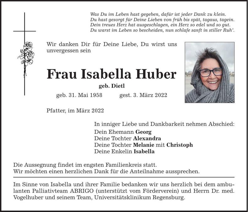 Traueranzeige Isabella Huber