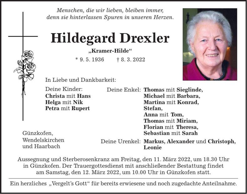 Traueranzeige Hildegard Drexler