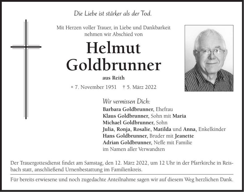 Traueranzeige Helmut Goldbrunner