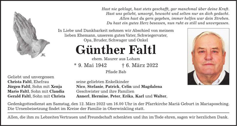 Traueranzeige Günther Faltl