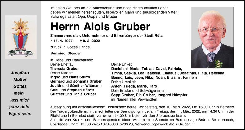 Traueranzeige Alois Gruber