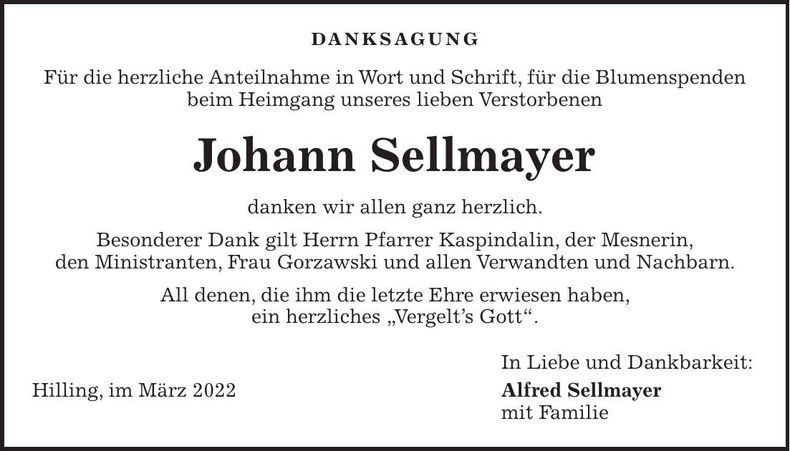 Traueranzeige Johann Sellmaer