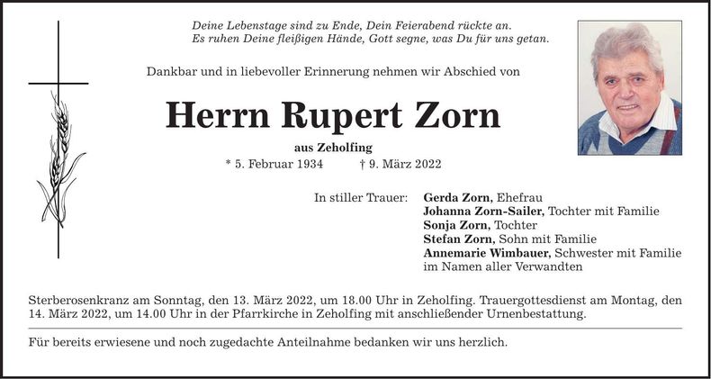 Traueranzeige Rupert Zorn