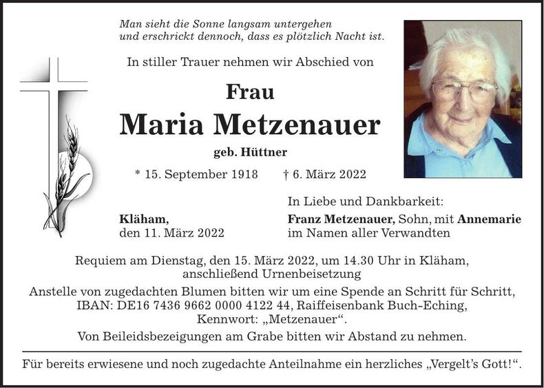Traueranzeige Maria Metzenauer