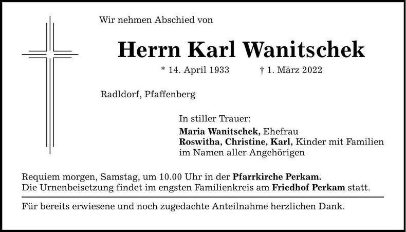 Traueranzeige Karl Wanitschek