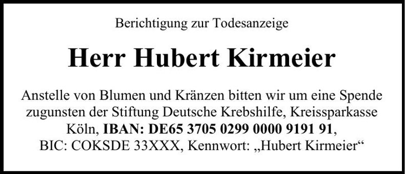 Traueranzeige Hubert Kirmeier