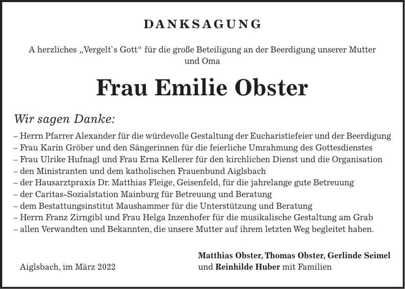 Traueranzeige Emilie Obster