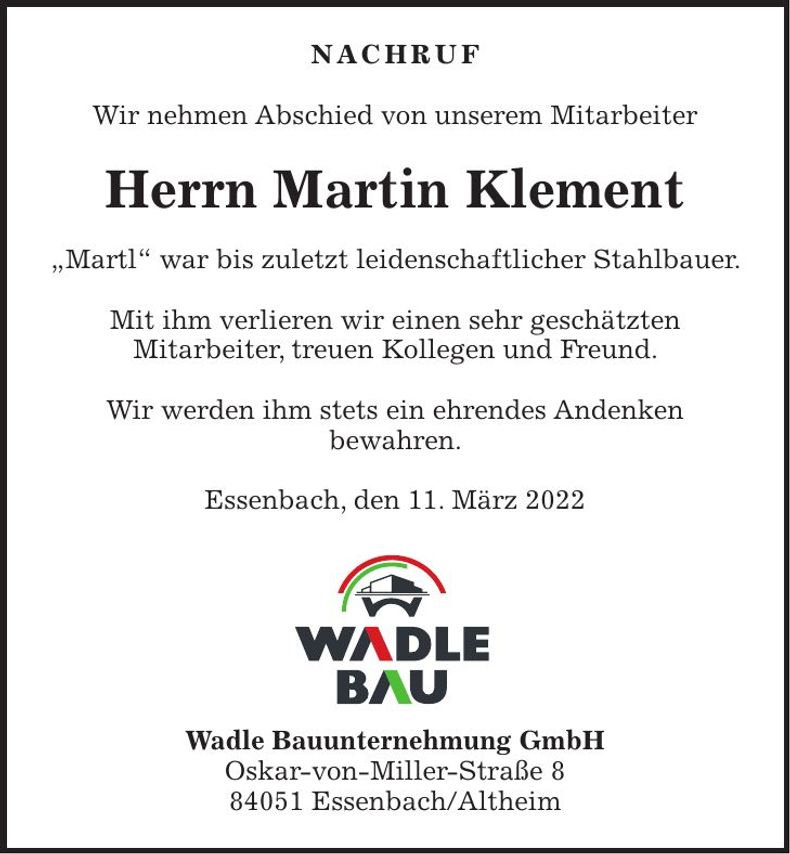 Traueranzeige Martin Klement