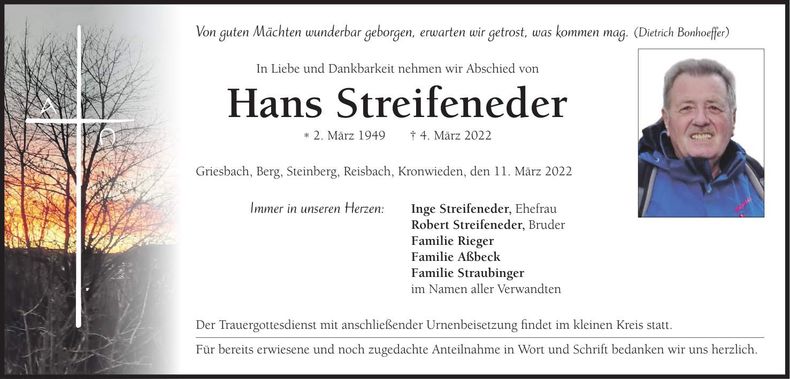 Traueranzeige Hans Streifeneder