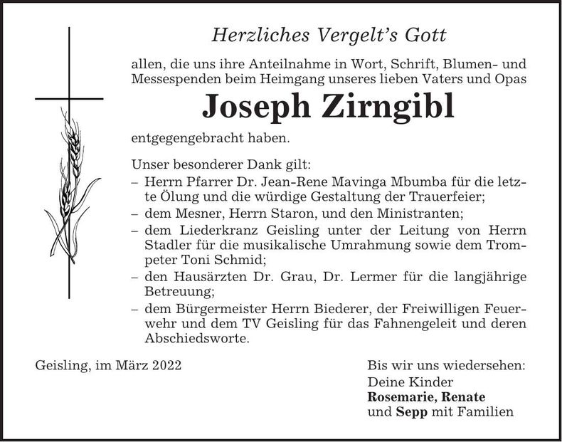 Traueranzeige Joseph Zirngibl