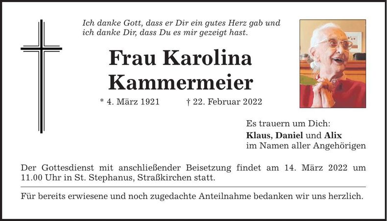 Traueranzeige Karolina Kammermeier