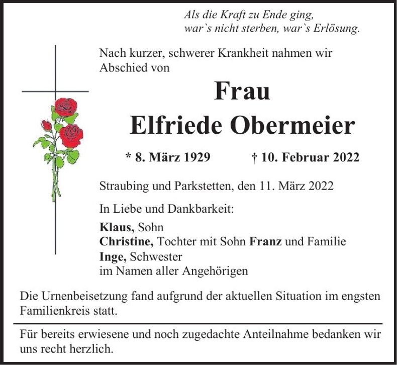 Traueranzeige Elfriede Obermeier