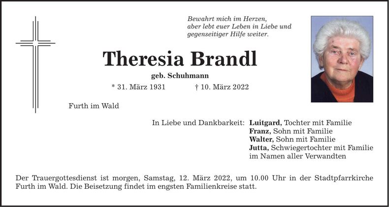 Traueranzeige Theresia Brandl