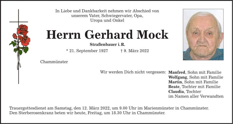 Traueranzeige Gerhard Mock