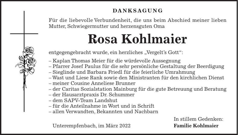 Traueranzeige Rosa Kohlmaier