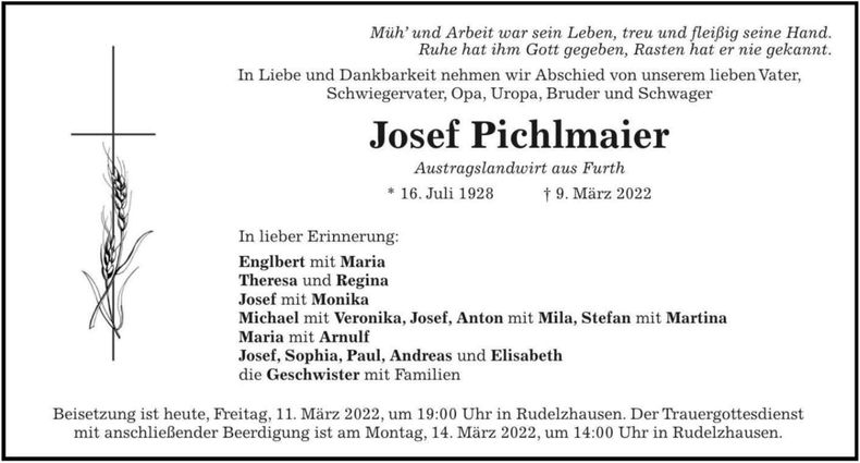 Traueranzeige Josef Pichlmaier