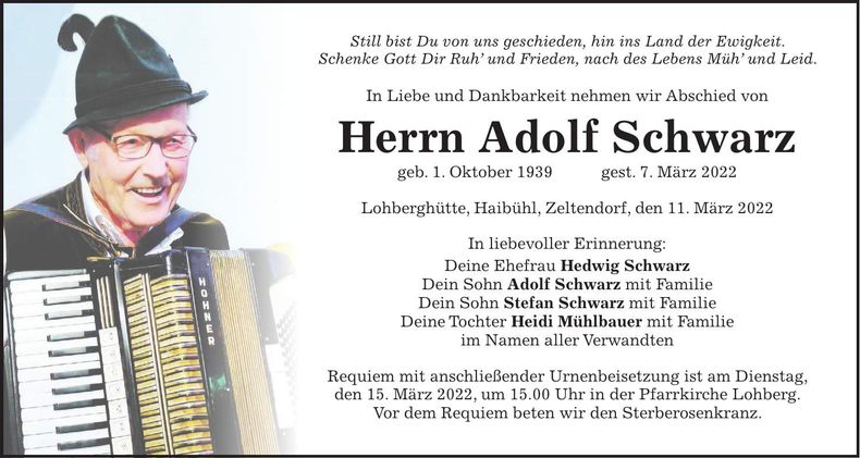 Traueranzeige Adolf Schwarz