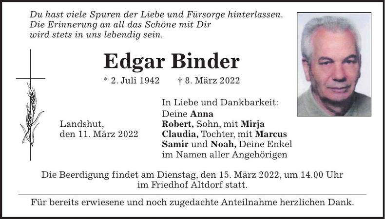 Traueranzeige Edgar Binder