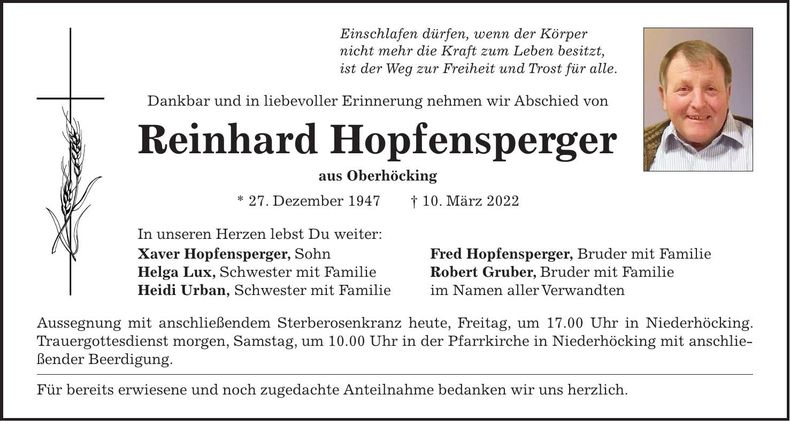 Traueranzeige Reinhard Hopfensperger